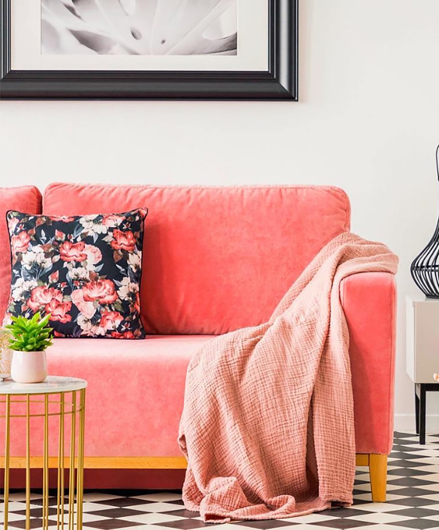 bright coral velvet sofa

