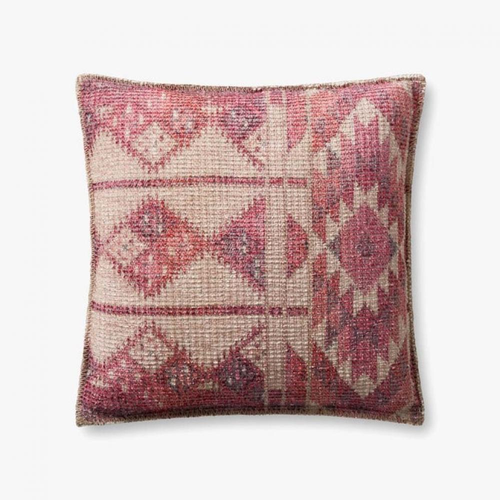 front view of pillow: pink, multi patterned down filled pillow