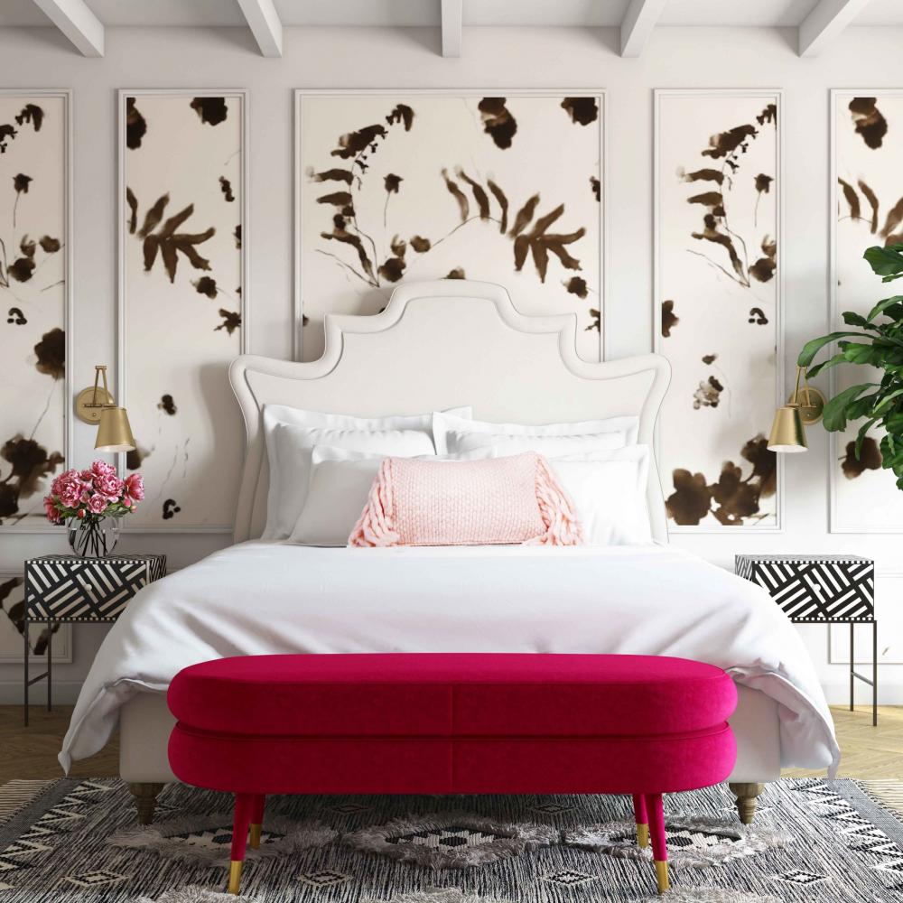 pink bench with brass ferrules in bedroom scene