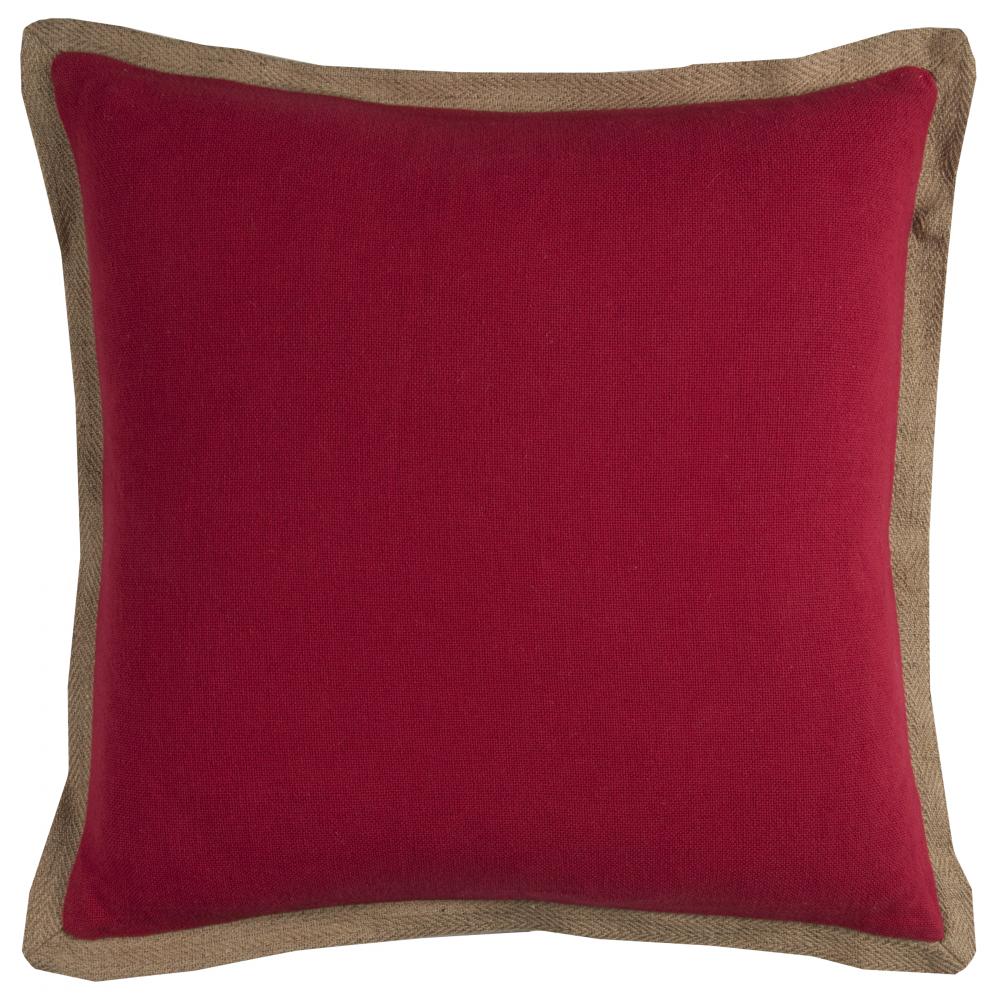 red woven pillow with tan twill tape edging

