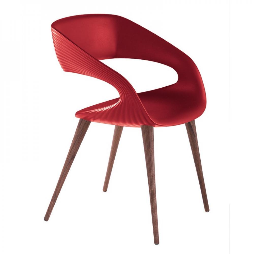 red poly textured chair with wood legs
