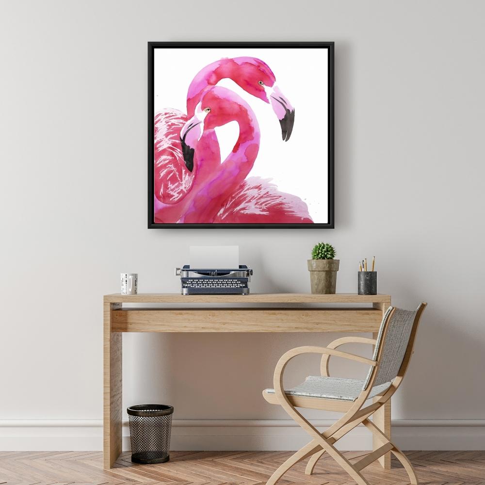 pink flamingos watercolor art print with black frame on wall in desk room scene