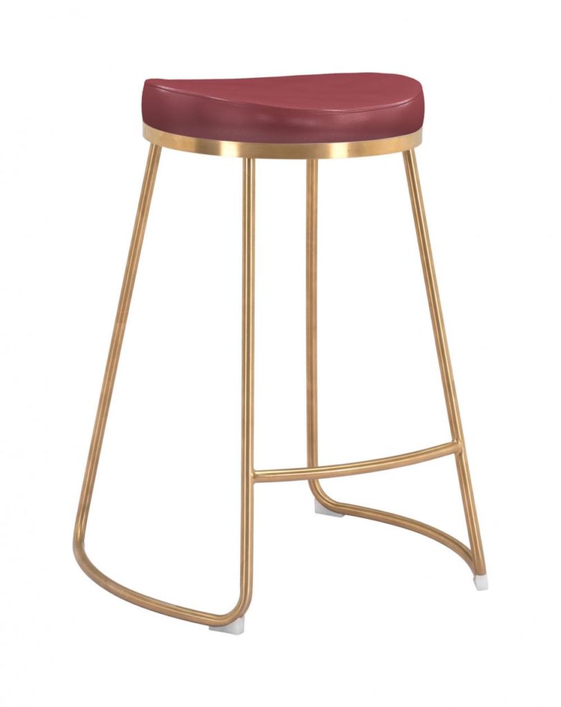 dark pink upholstered counter height counter stool with brass base
