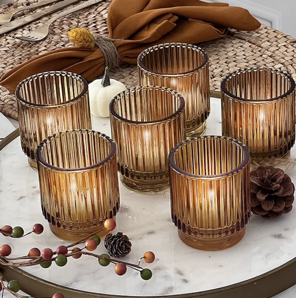 vertically ribbed amber colored clear glass tea light holders