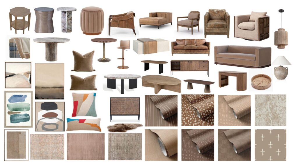 A collection of home furnishings, accessories, lighting, wallpaper, artwork items in Pantone Mocha Mousse.