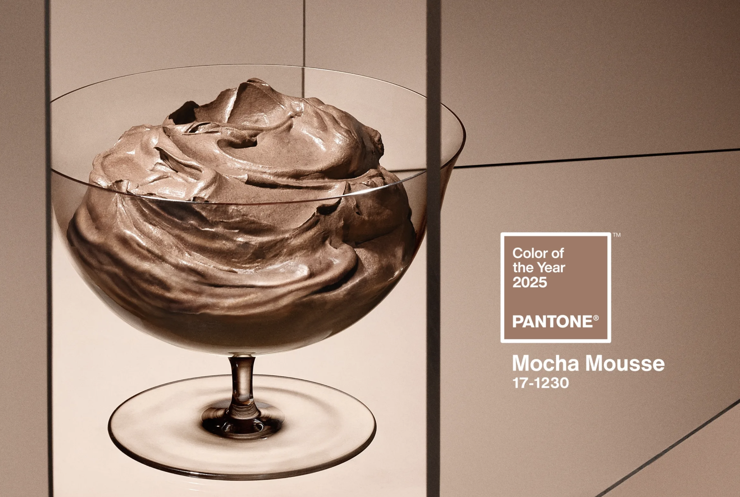 pantone mocha mousse presentation. Includes an image of a glass goblet holding the dessert, mocha mousse.